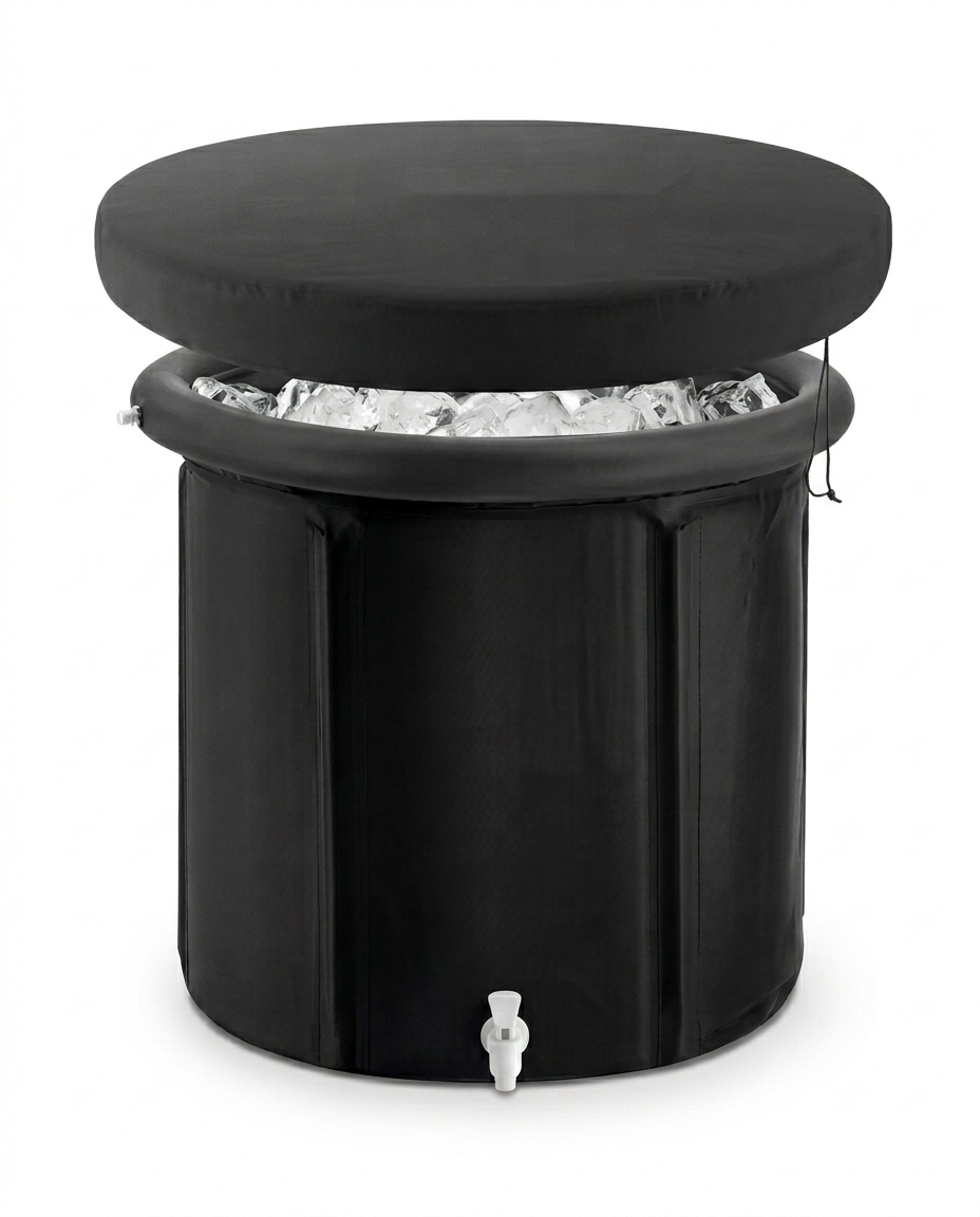 Black portable ice bath tub with padded lid over iced water, studio shot on white