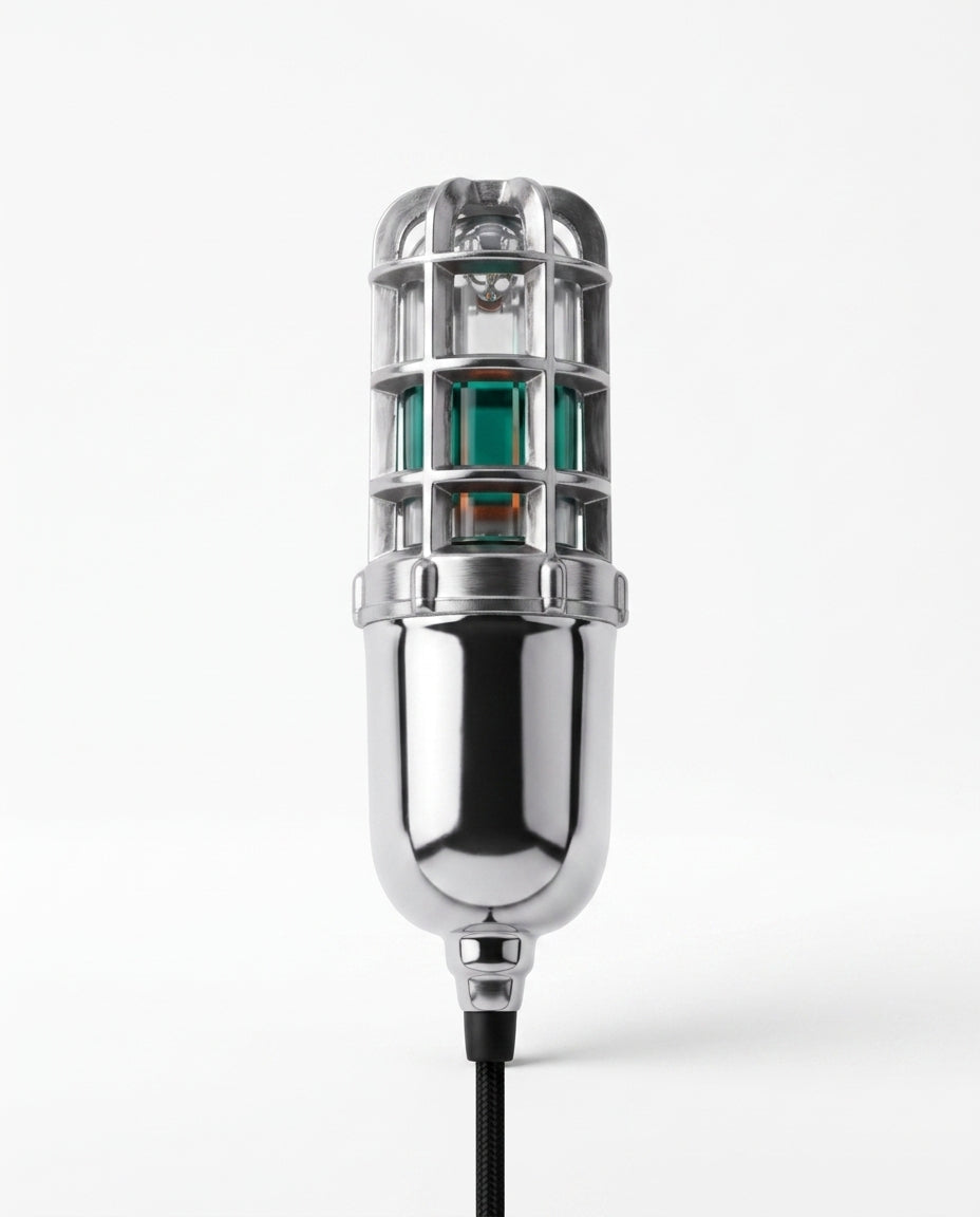 Chrome electric shoe dryer with caged UV head and green glow, on white