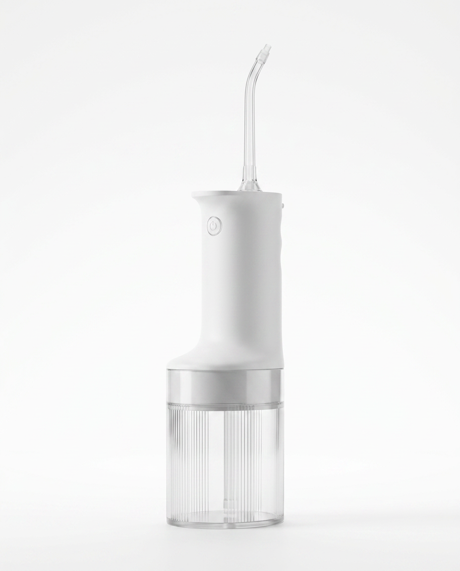 White cordless water flosser with clear tank and curved nozzle on white