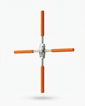 Cross-shaped yoga posture stick with orange foam grips and chrome hub on white