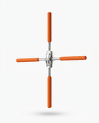 Cross-shaped yoga posture stick with orange foam grips and chrome hub on white