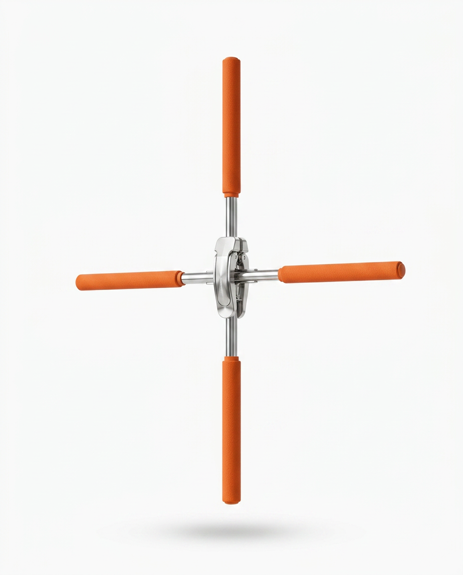 Cross-shaped yoga posture stick with orange foam grips and chrome hub on white