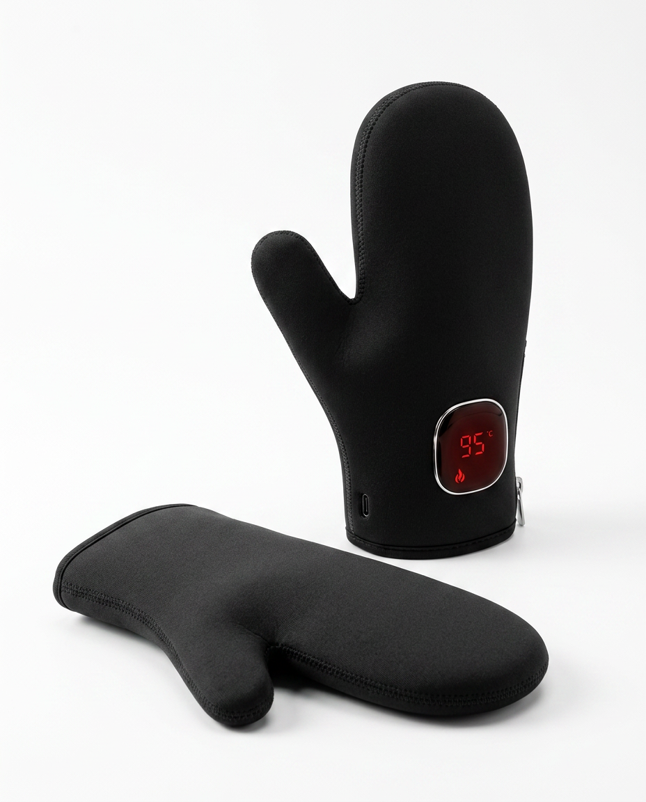 Pair of black heated red light mittens with LED display