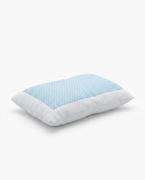 White adjustable memory foam pillow with blue cooling gel top, on white
