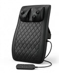 Black quilted shiatsu back and neck massage cushion with remote, studio shot on white