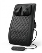 Black quilted shiatsu back and neck massage cushion with remote, studio shot on white