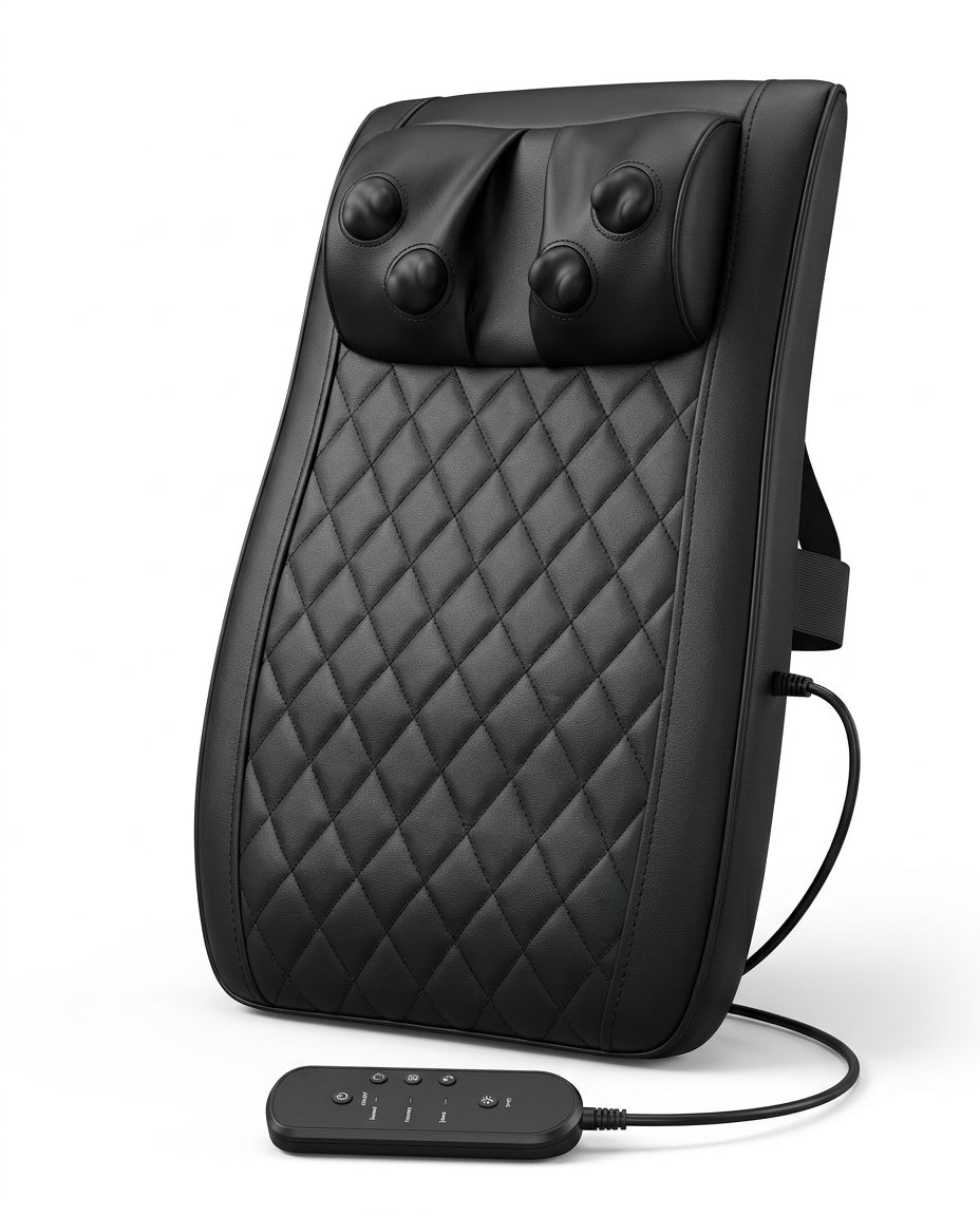 Black quilted shiatsu back and neck massage cushion with remote, studio shot on white