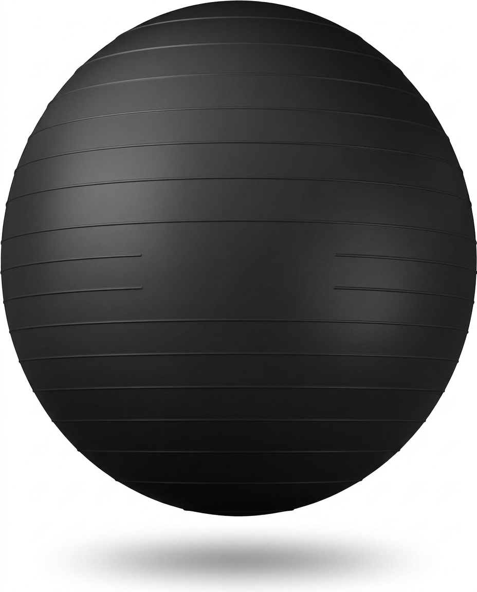 Black anti-burst stability exercise ball, studio shot on white background