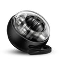 Black gyroscopic hand grip trainer ball with clear dome and wrist strap on white