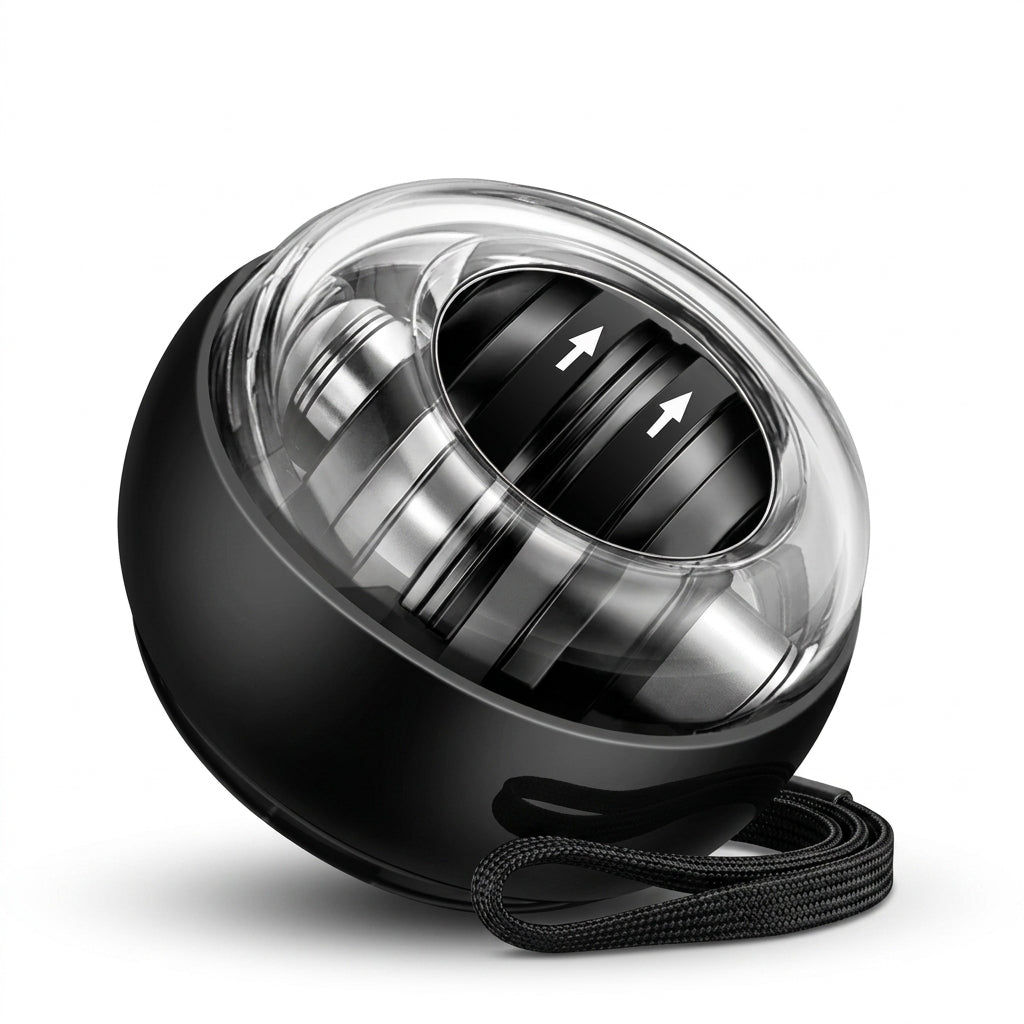 Black gyroscopic hand grip trainer ball with clear dome and wrist strap on white
