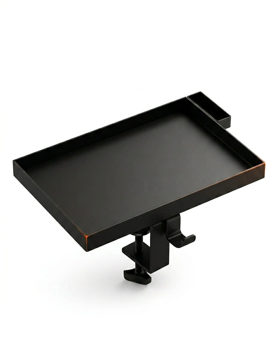 Black clip-on bedside shelf tray with raised rim and clamp bracket, studio shot