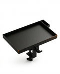 Black clip-on bedside shelf tray with raised rim and clamp bracket, studio shot