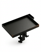 Black clip-on bedside shelf tray with raised rim and clamp bracket, studio shot