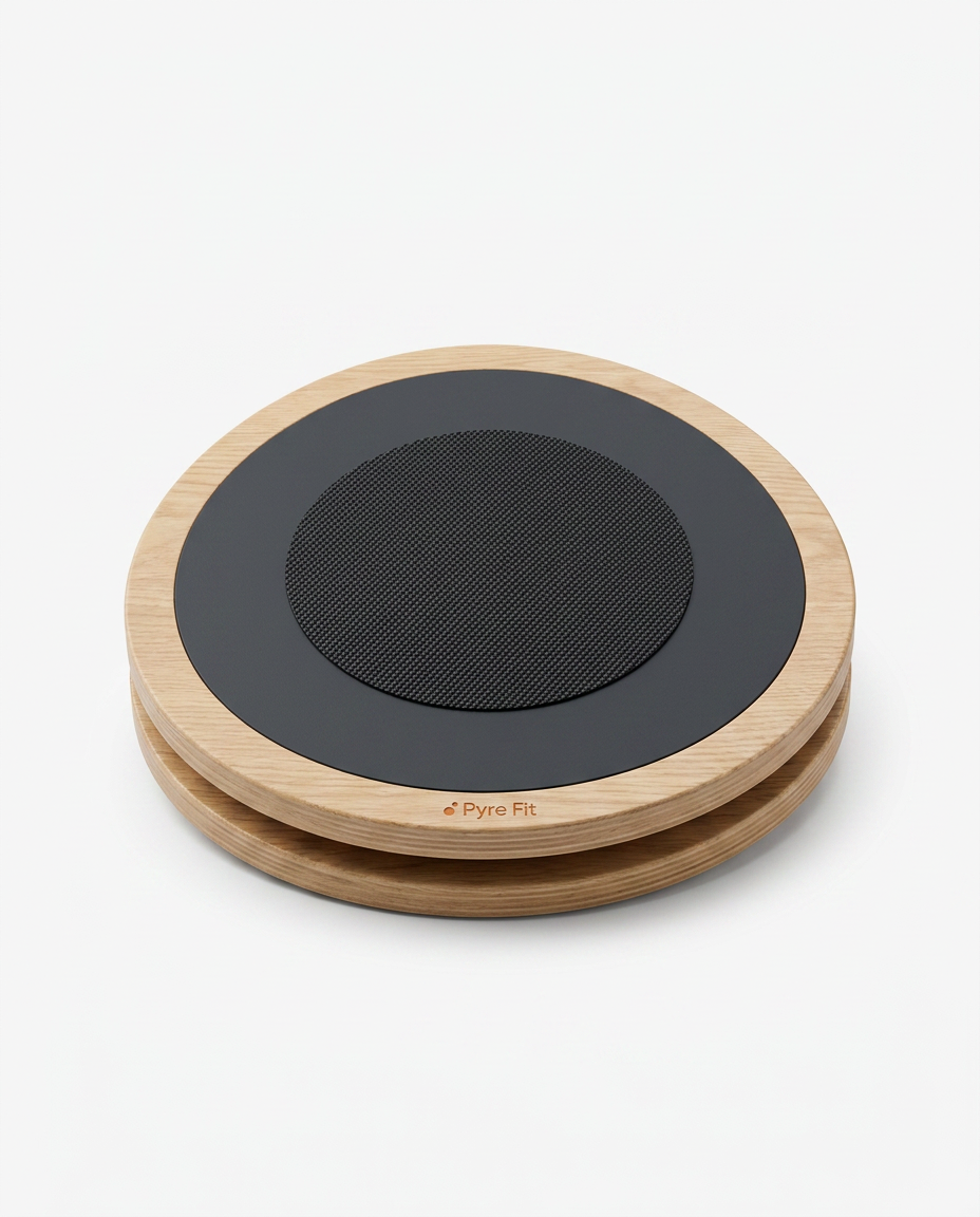 Round wooden rotational balance board with black textured top, studio shot on white