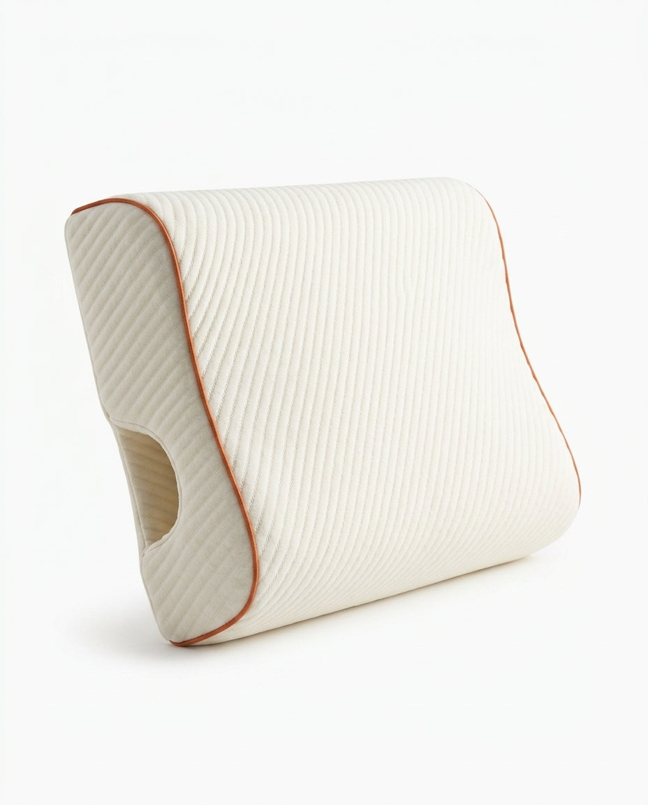 Cream ribbed couples pillow with arm tunnel cutout and orange piping on white