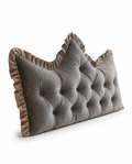 Grey tufted velvet crown headboard backrest cushion with ruffled edge, on white