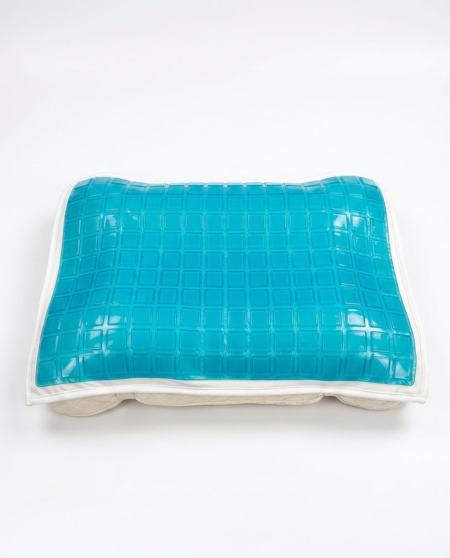 Blue gel grid cooling pillow cover over a quilted base, studio shot on white