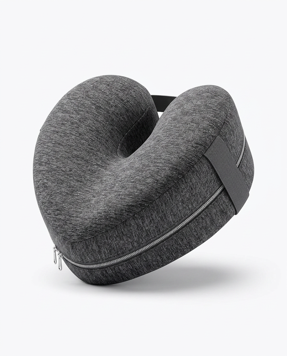 Grey memory foam leg pillow with contoured channel and strap, studio shot