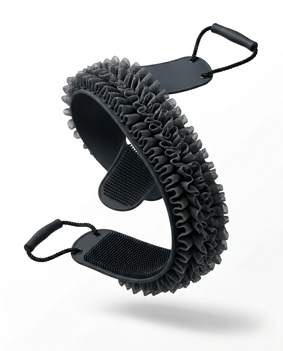 Black extra long back scrubber strap with dual handles and silicone bristles