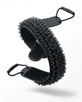 Black extra long back scrubber strap with dual handles and silicone bristles