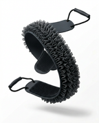 Black extra long back scrubber strap with dual handles and silicone bristles
