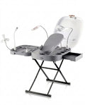 Grey foot care station with cradle, LED lamp, mirror and fan on a folding stand