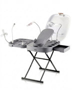 Grey foot care station with cradle, LED lamp, mirror and fan on a folding stand