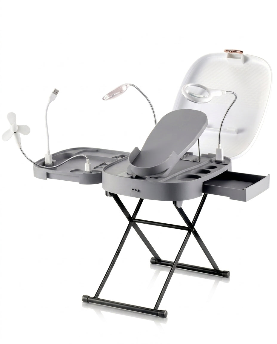 Grey foot care station with cradle, LED lamp, mirror and fan on a folding stand