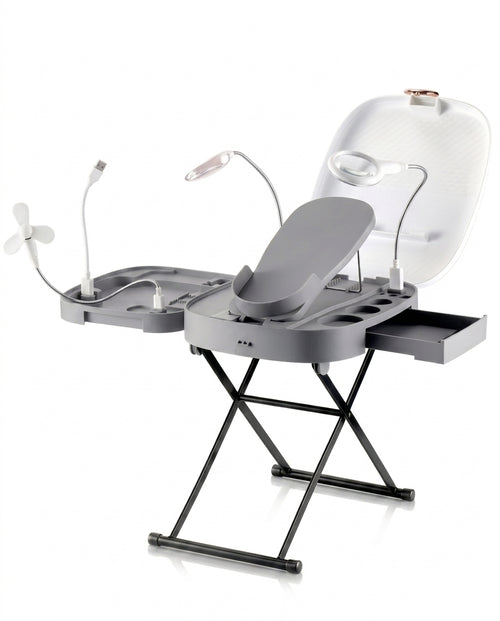Grey foot care station with cradle, LED lamp, mirror and fan on a folding stand