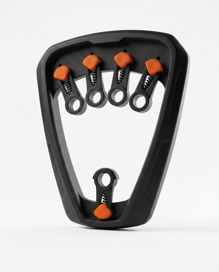 Black finger strength trainer with orange spring-loaded pistons on white