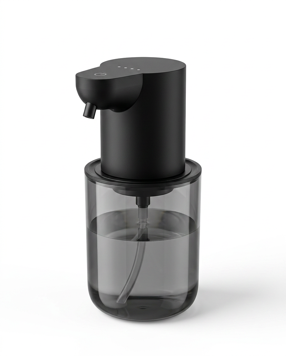 Black touchless foam soap dispenser with smoked clear reservoir, on white