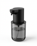 Black touchless foam soap dispenser with smoked clear reservoir, on white