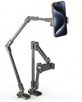 Two black articulating bedside phone arm stands, one holding a phone, on white