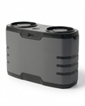 Gray wearable dual-vent personal cooling unit, studio packshot on white