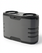 Gray wearable dual-vent personal cooling unit, studio packshot on white