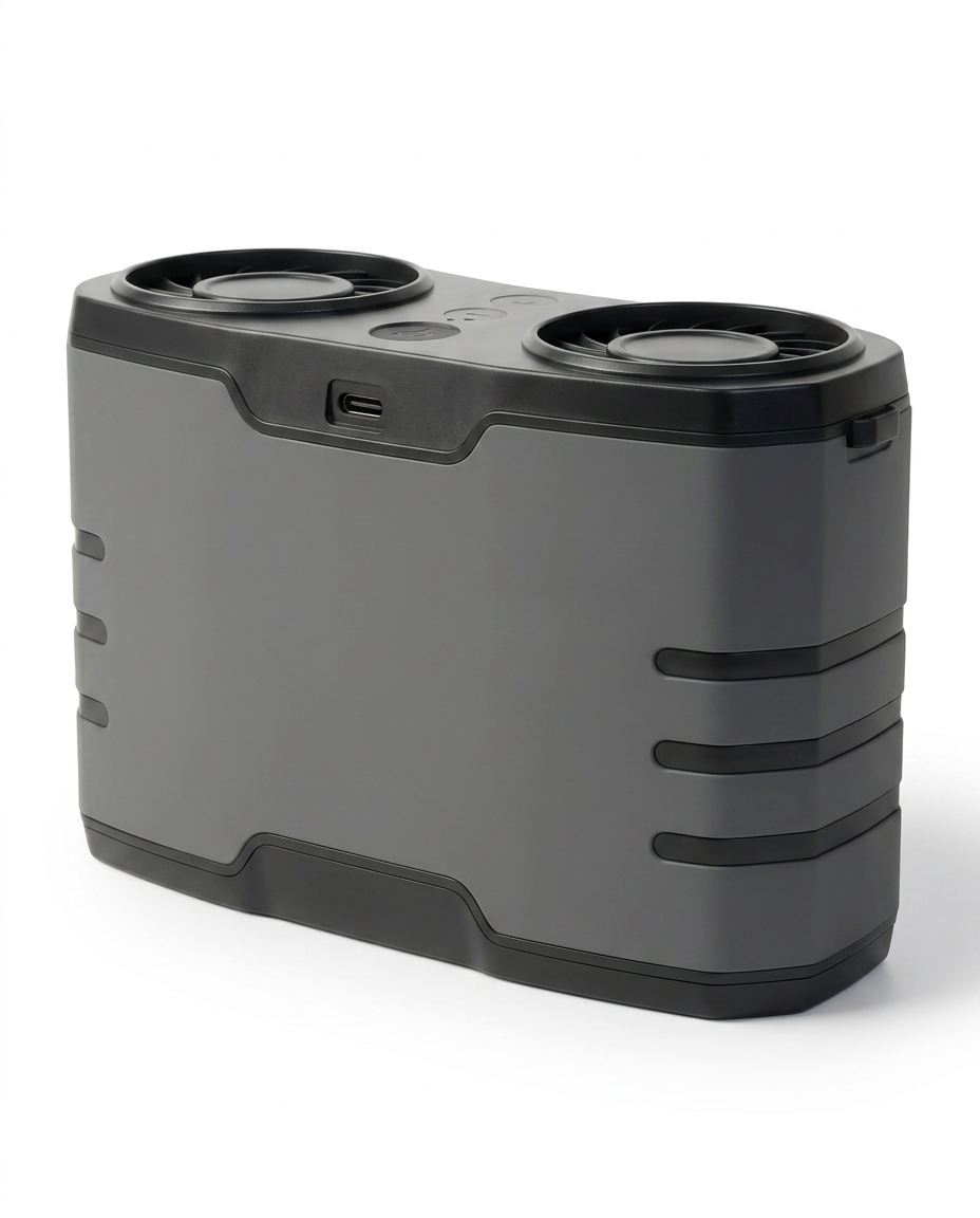 Gray wearable dual-vent personal cooling unit, studio packshot on white