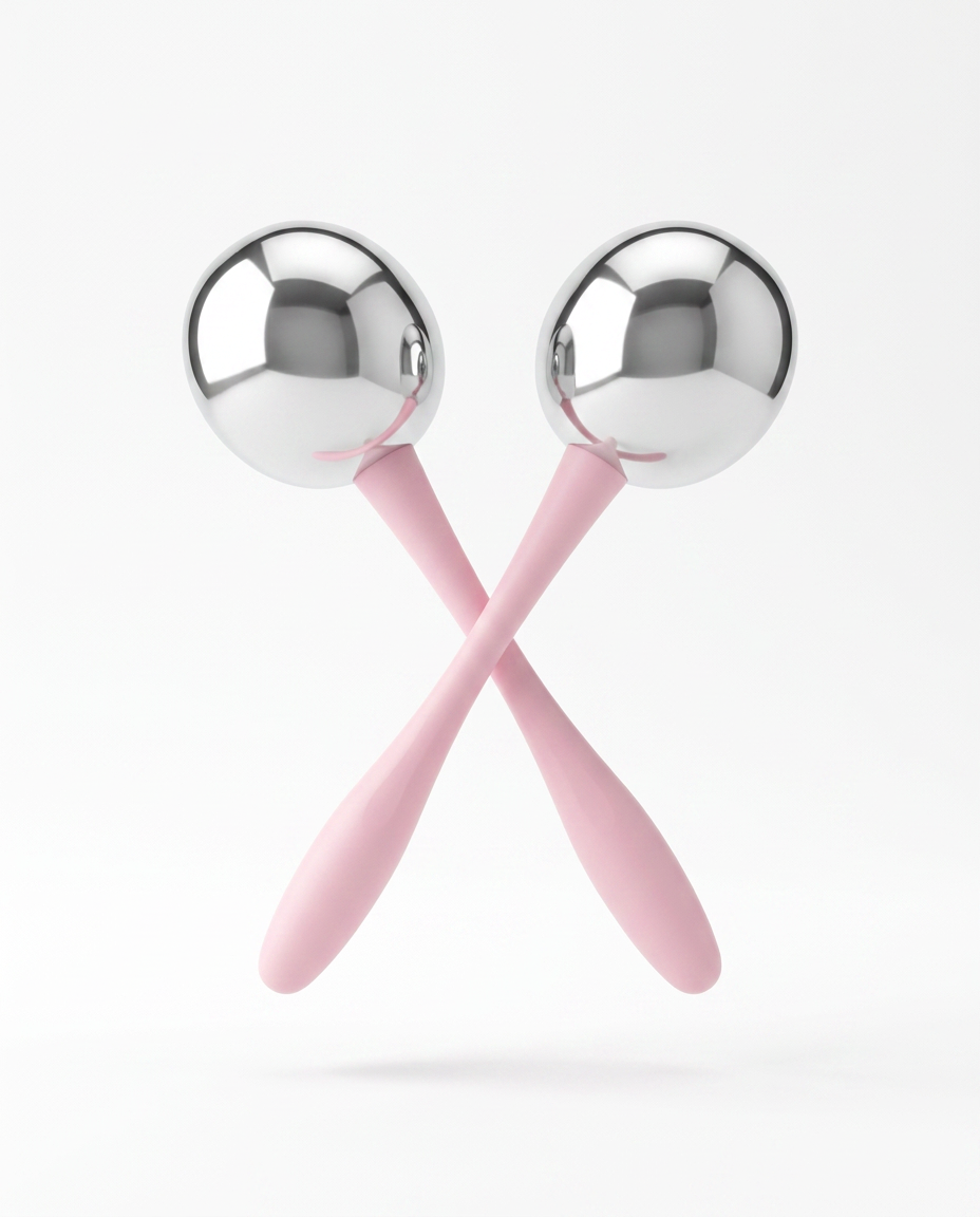 Two stainless steel cooling face rollers with pink handles crossed on white
