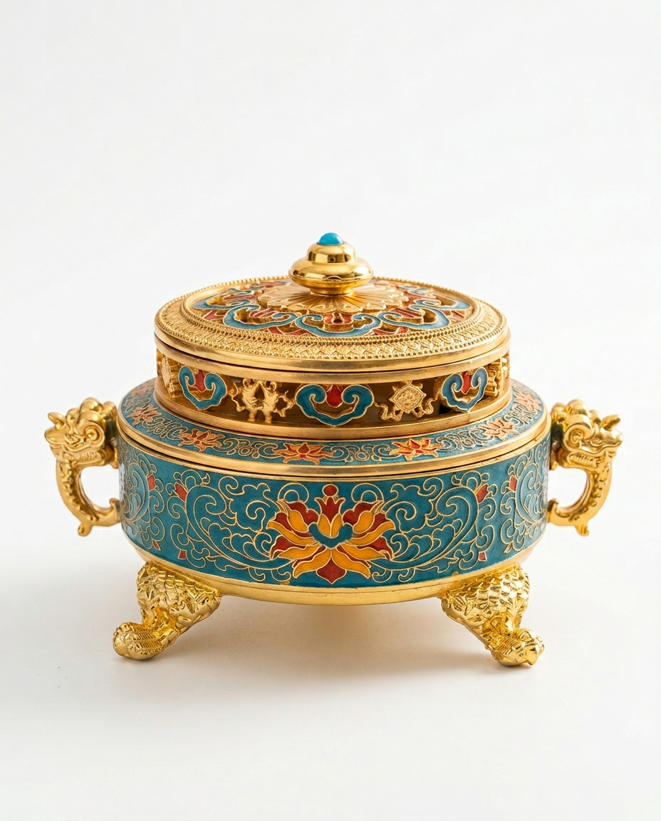 Gold and turquoise cloisonne lotus incense burner with dragon handles on white