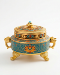 Gold and turquoise cloisonne lotus incense burner with dragon handles on white