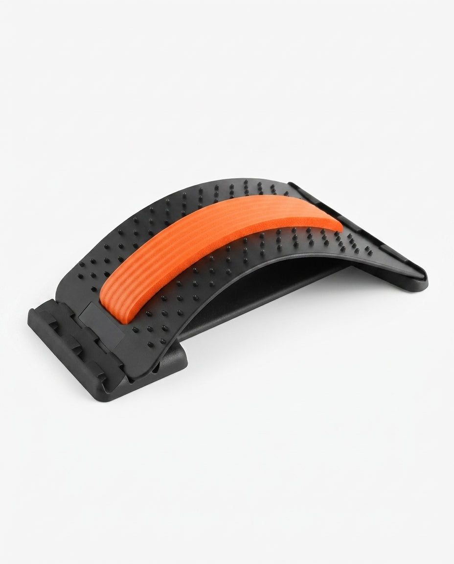 Black arched back stretcher with acupressure nubs and orange spine pad on white