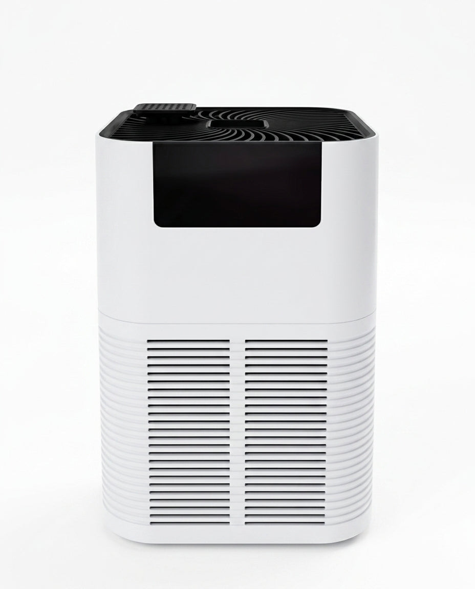 White air purifier with black top panel and front vents, studio on white