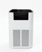 White air purifier with black top panel and front vents, studio on white