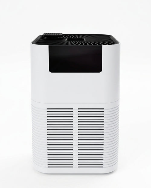 White air purifier with black top panel and front vents, studio on white