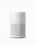 White cylindrical portable HEPA desktop air purifier with mesh body, studio shot