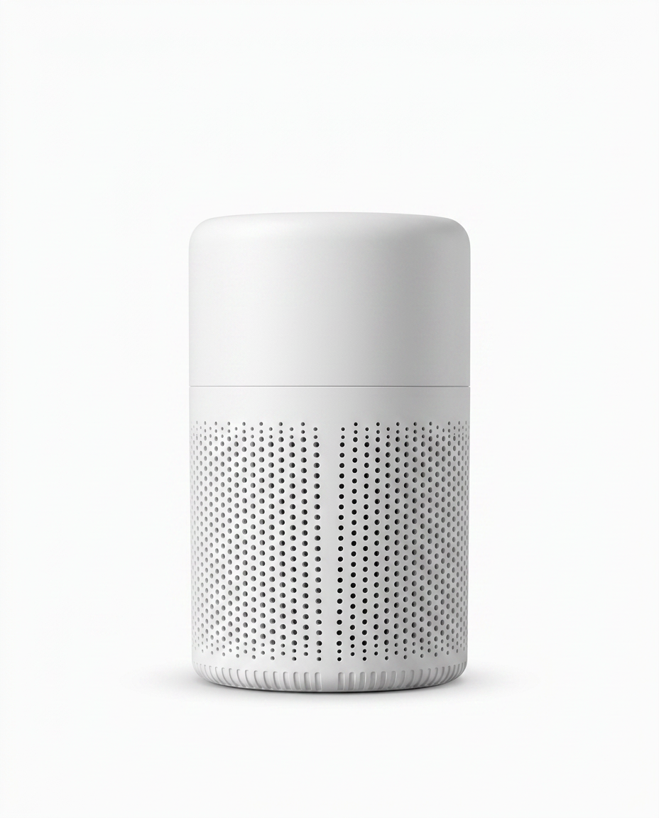 White cylindrical portable HEPA desktop air purifier with mesh body, studio shot