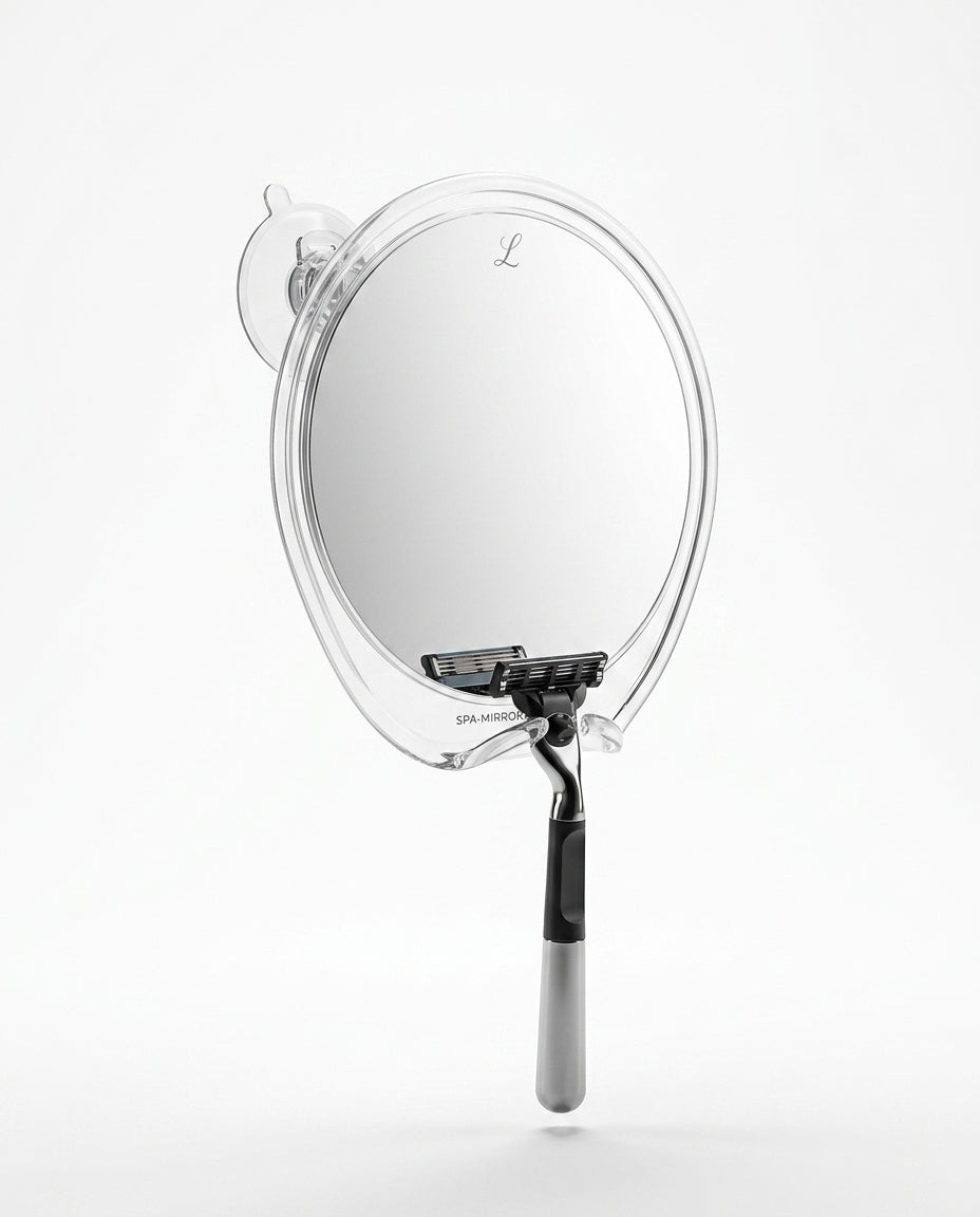 Round fog-free shower mirror with suction mount and razor hook holding a razor, studio shot