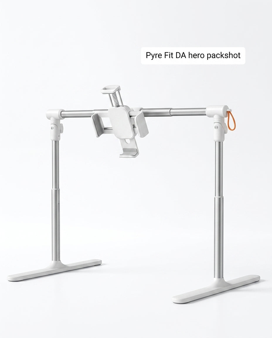 White adjustable overbed tablet stand with twin legs and clamp on white