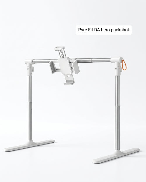 White adjustable overbed tablet stand with twin legs and clamp on white