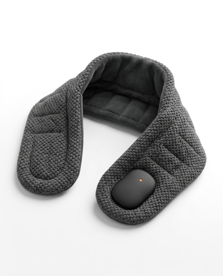 Gray knit heated neck and shoulder wrap packshot with controller button