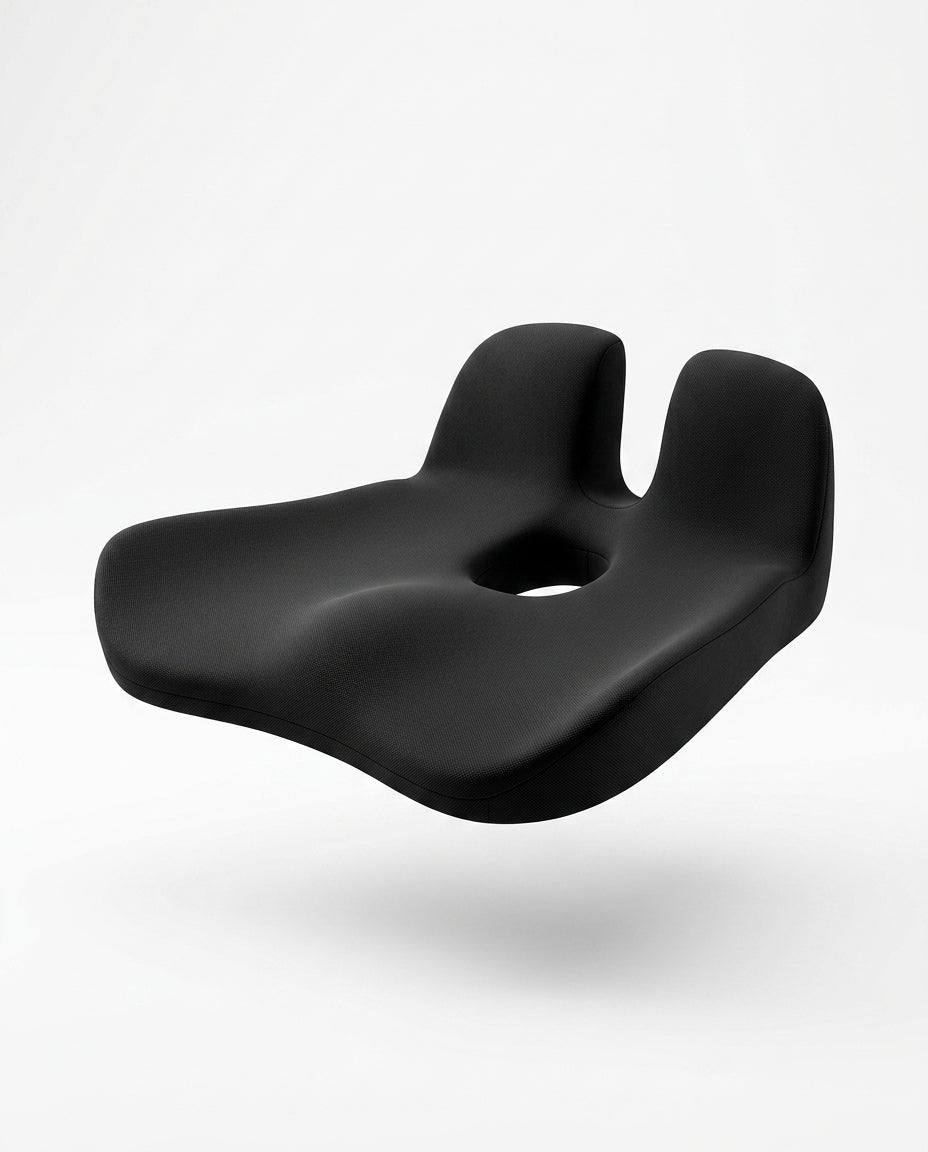 Black contoured memory foam seat cushion with coccyx cutout, floating on white